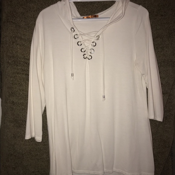 Belldini White Lace Up V Neck & hood Sweater Large - Picture 4 of 5